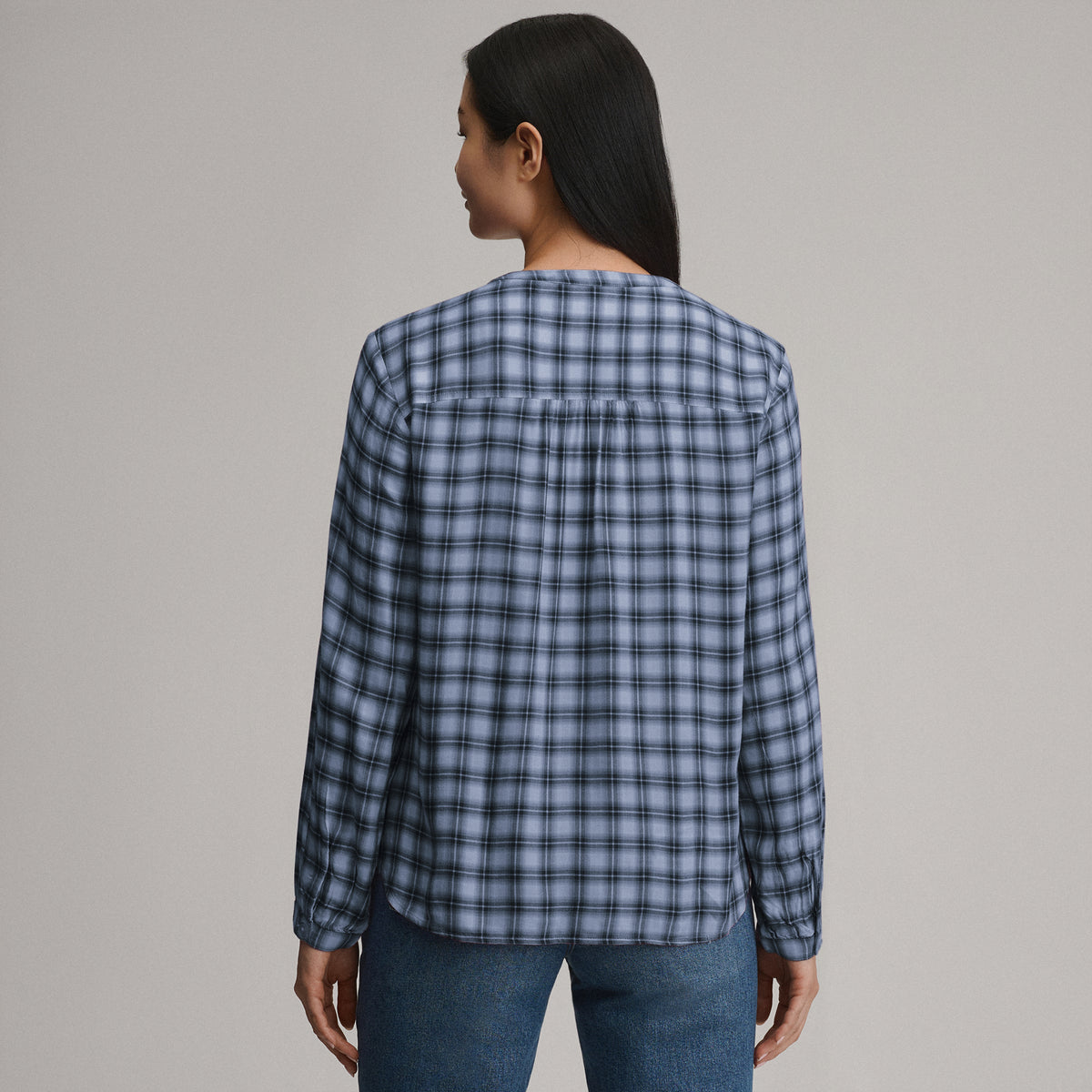 Women's Long-Sleeve Collarless Drapey Plaid Button-Down Shirt-Dusk-6