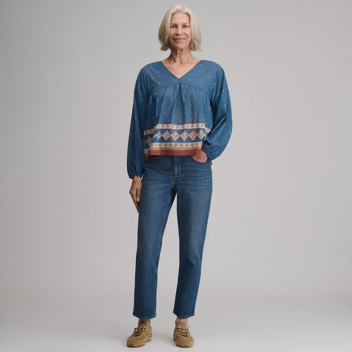 Women's Long-Sleeve V-Neck Relaxed Woven Popover-Dark Horizon-5