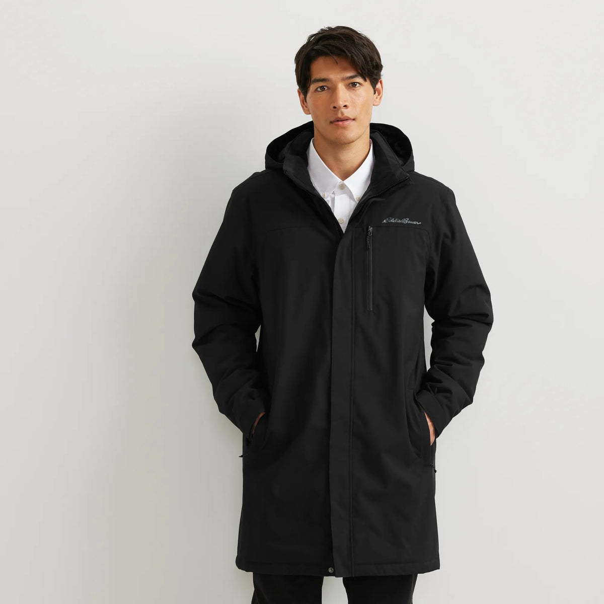 Men's Mainstay Insulated Waterproof Hooded Trench Coat-Black-Regular-1