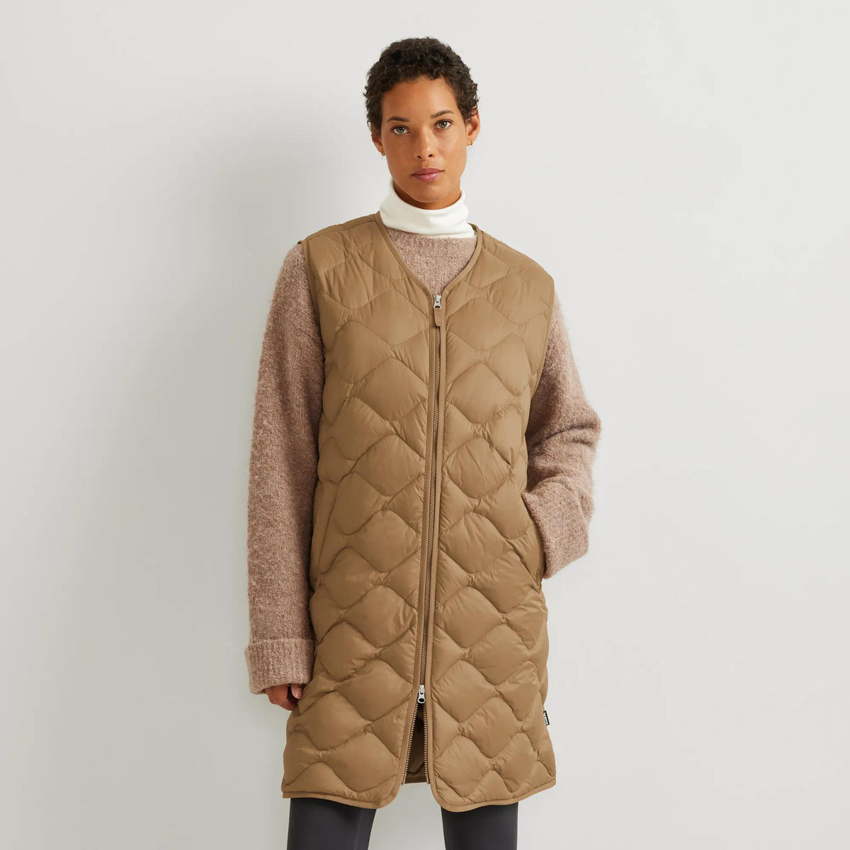 Women's Shaw Long Down Vest-Camel-Regular-1