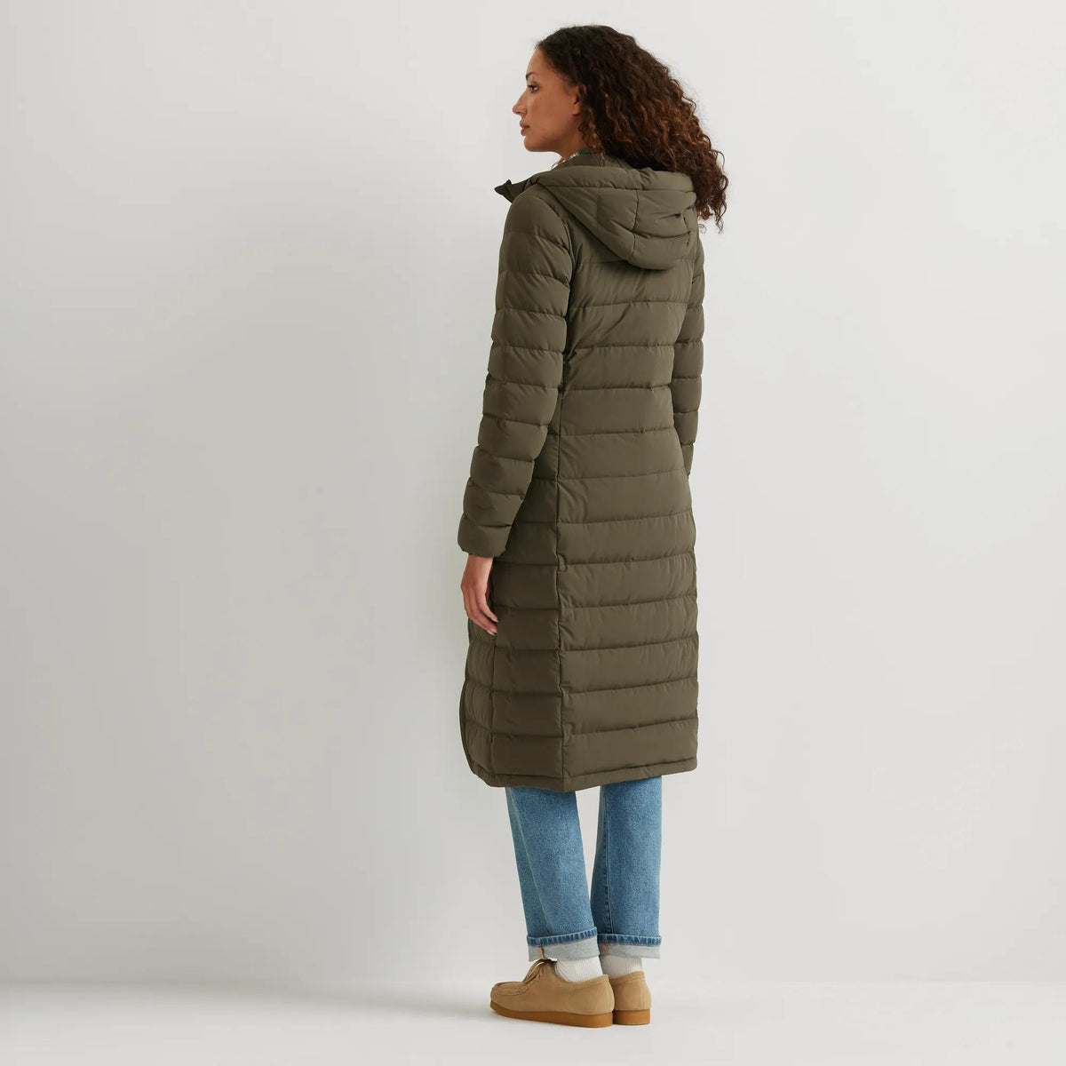 Women's EB Stretch Down Hooded Duffle Coat-Dk Fatigue-Regular-4