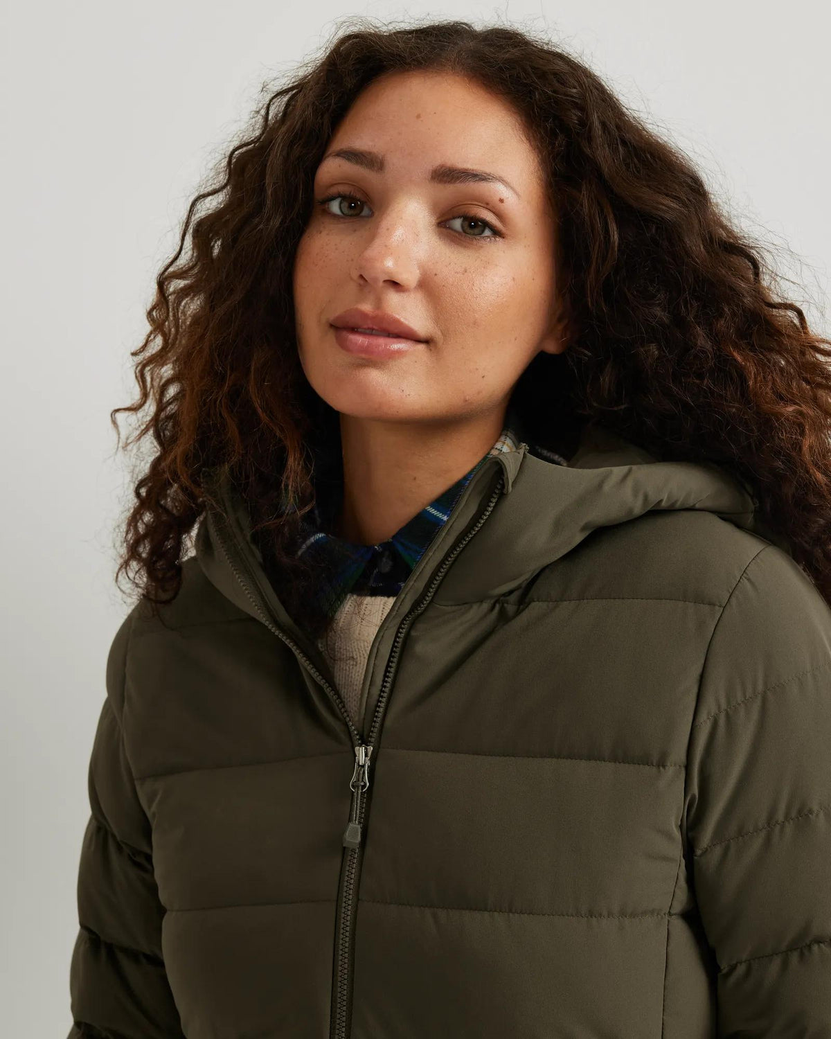 Women's EB Stretch Down Hooded Duffle Coat-Dk Fatigue-Regular-6