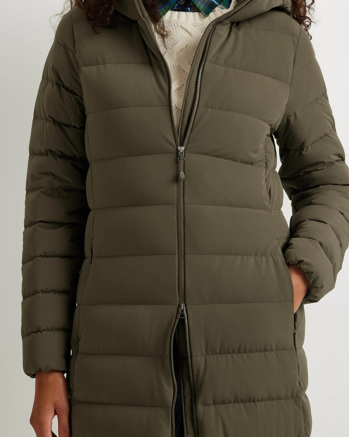 Women's EB Stretch Down Hooded Duffle Coat-Dk Fatigue-Regular-10