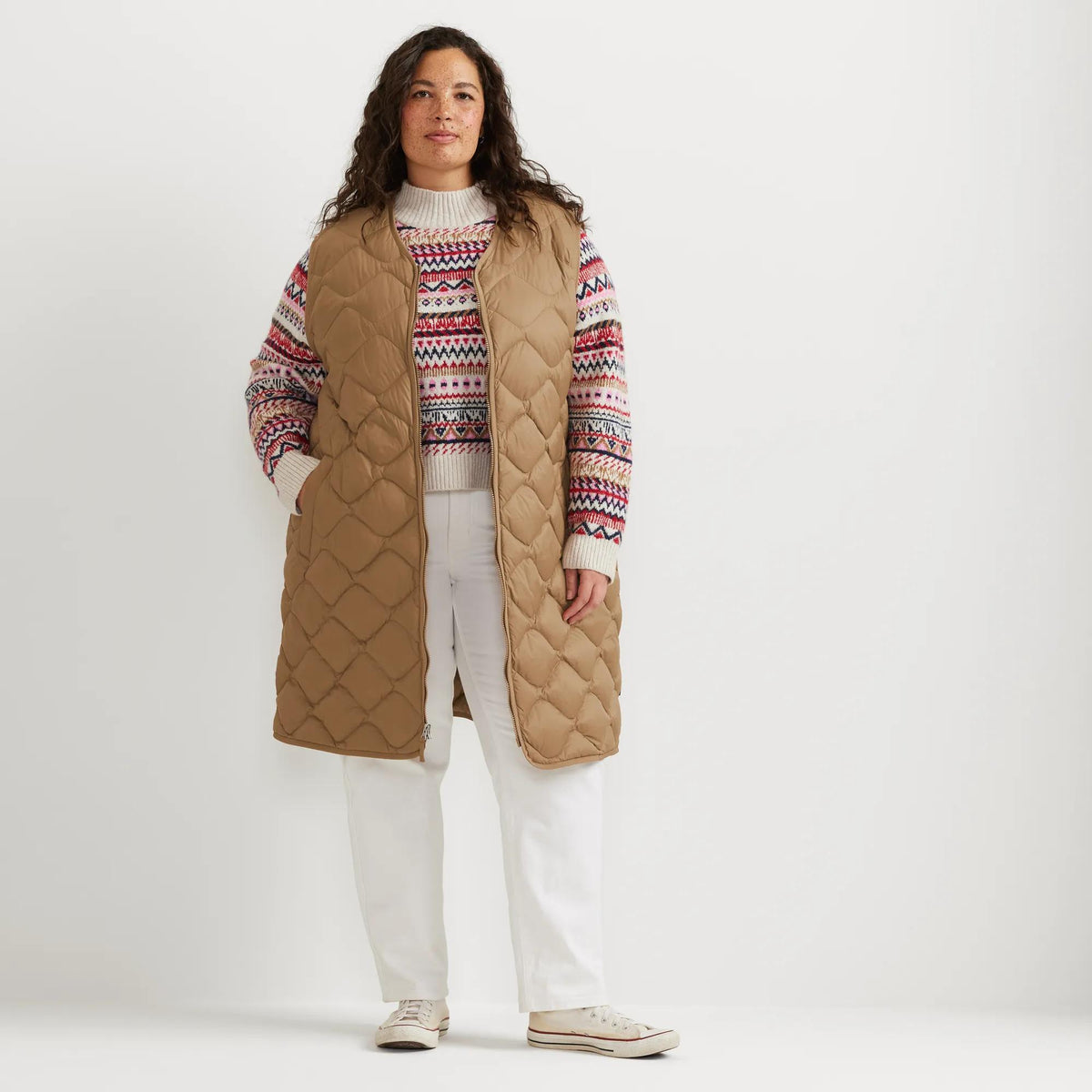 Women's Shaw Long Down Vest-Camel-Plus-7