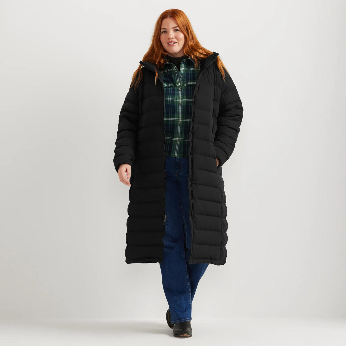 Women's EB Stretch Down Hooded Duffle Coat-Black-Plus-9