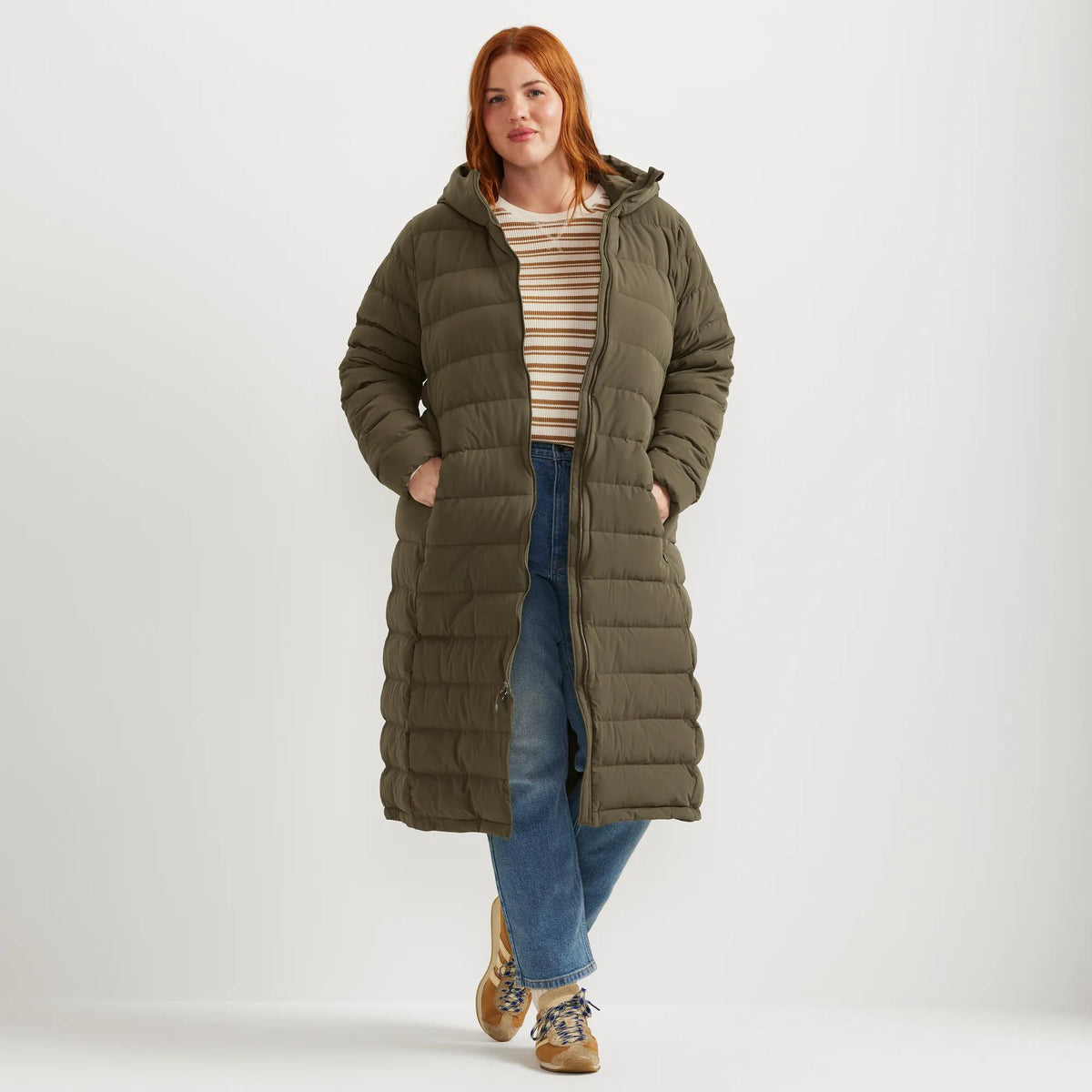 Women's EB Stretch Down Hooded Duffle Coat-Dk Fatigue-Plus-2