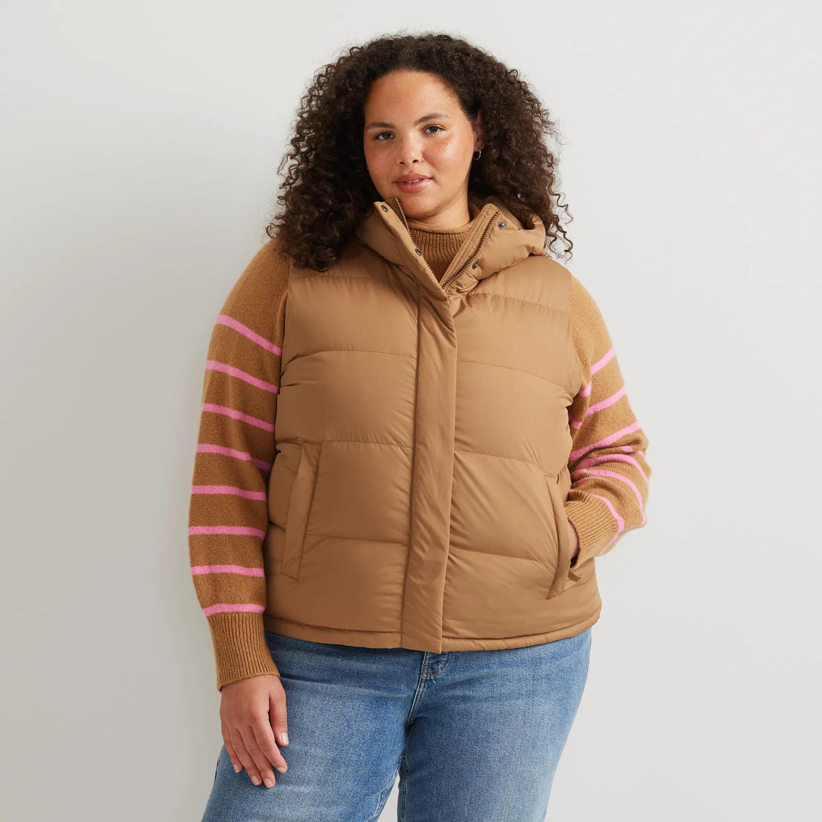 Women's Ketchum Short Down Hooded Vest-Camel-Plus-23