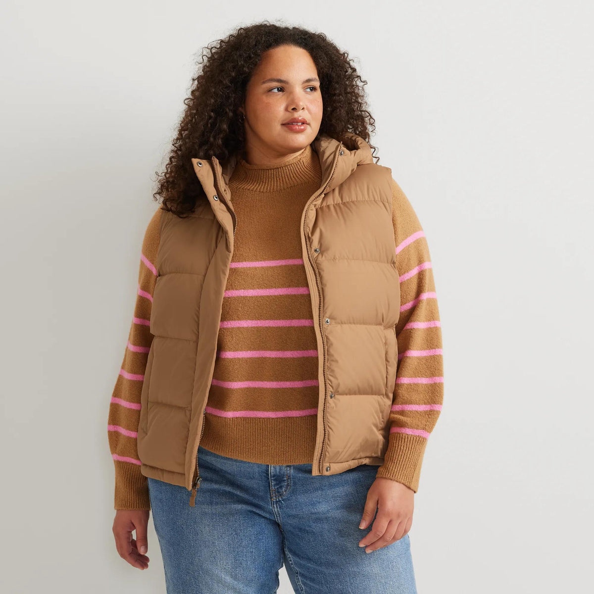Women's Ketchum Short Down Hooded Vest-Camel-Plus-28