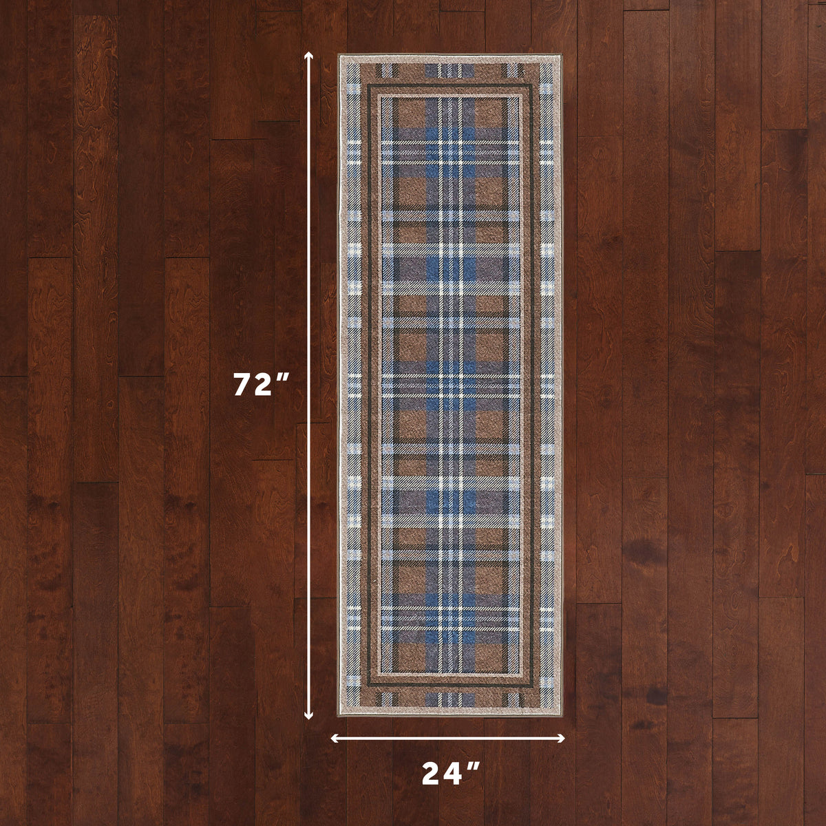 Plaid rug on a wooden floor with dimensions indicated