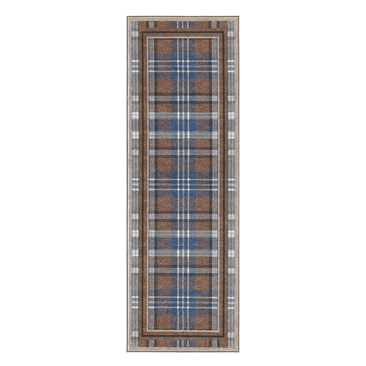 Plaid patterned rug with a brown and blue color scheme on a white background