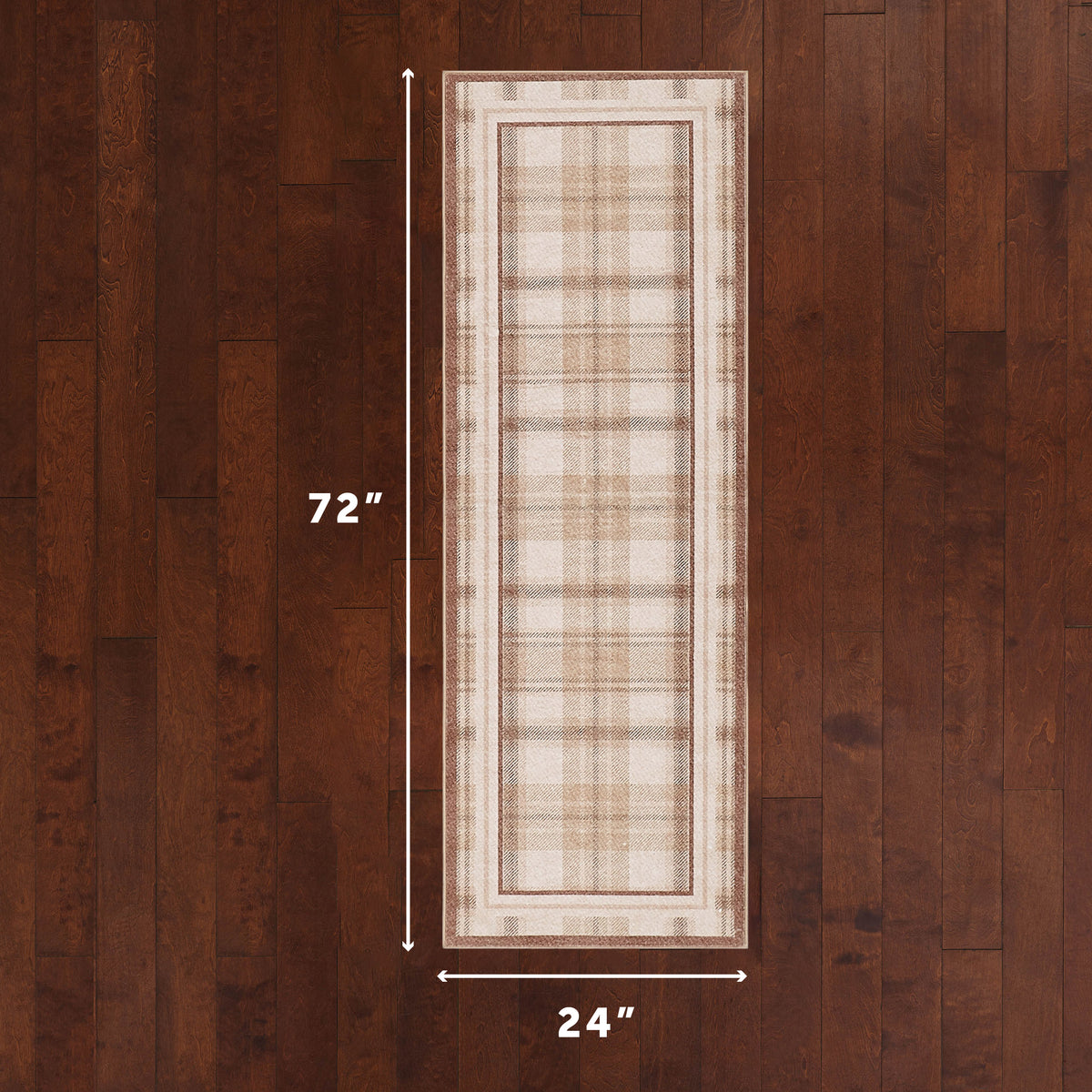 Plaid patterned rug with measurements on a wooden floor