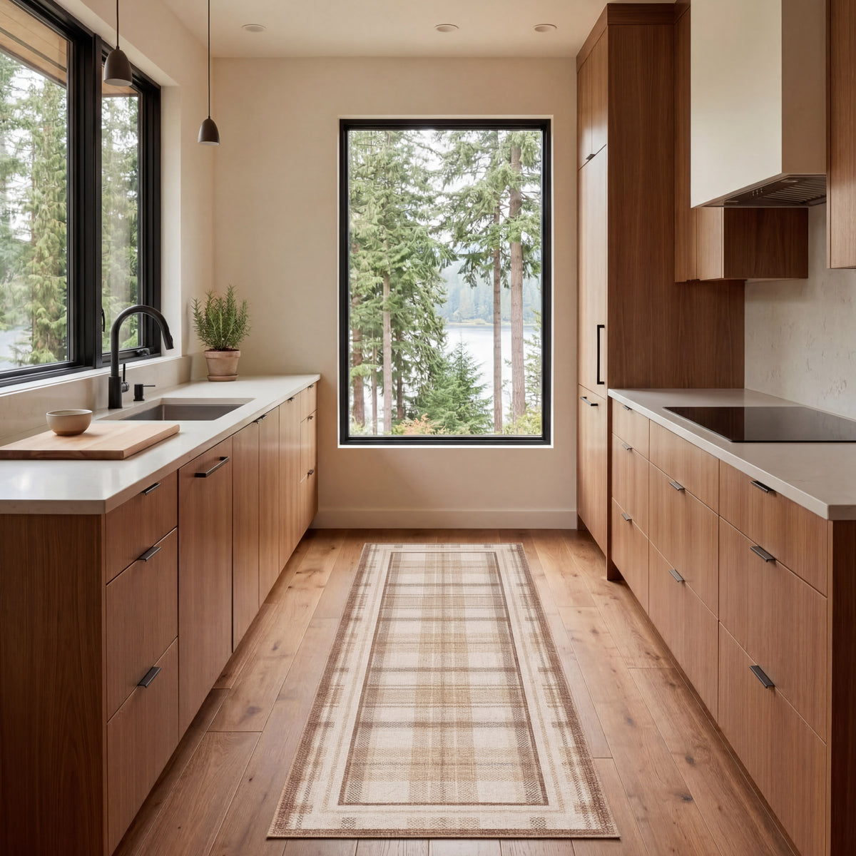 Modern kitchen with wooden cabinets, a rug on the floor, and a view of trees outside the window.
