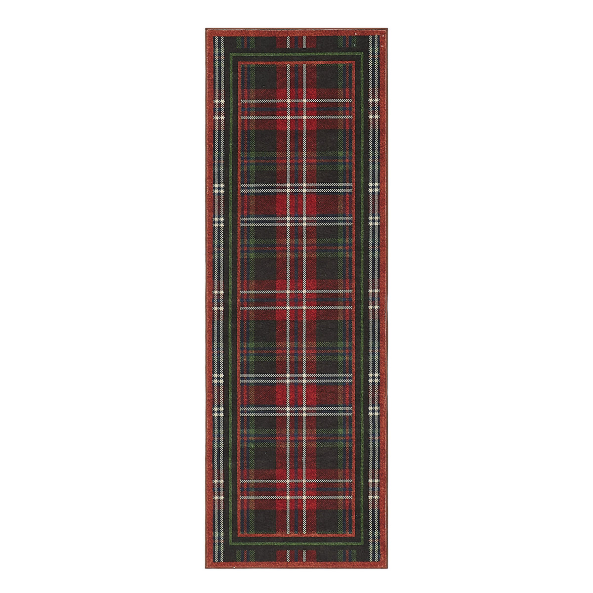 Red and green plaid patterned rug with a border on a white background