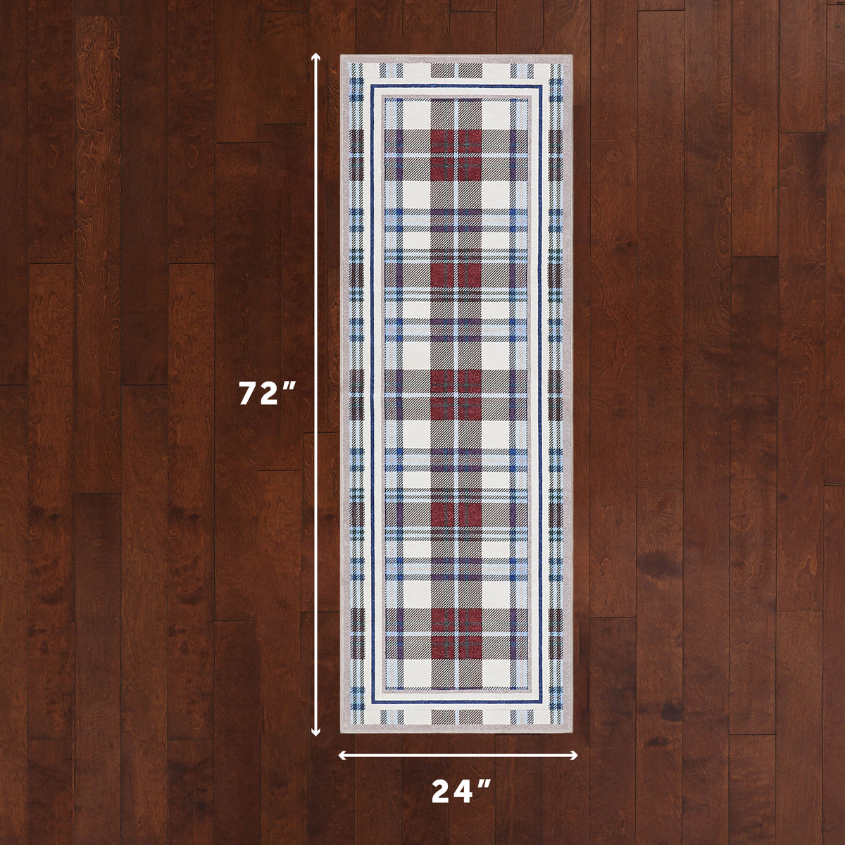 Plaid patterned rug with dimensions on a wooden floor