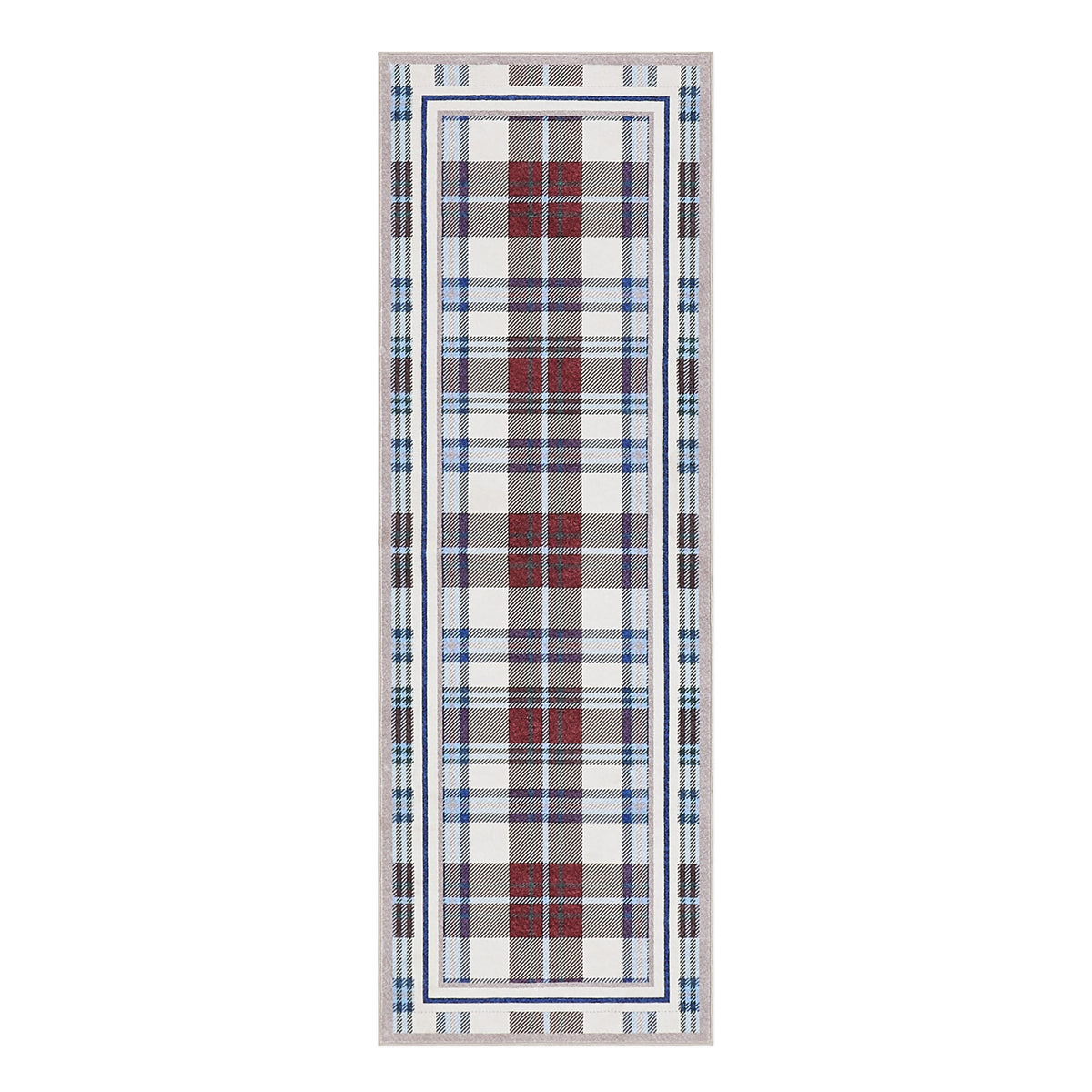 Plaid patterned rug with a white border on a white background