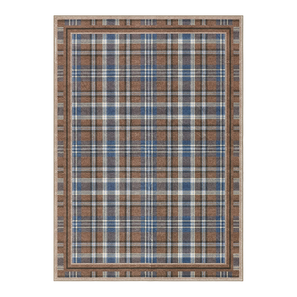 Plaid patterned rug with a brown and blue color scheme on a white background