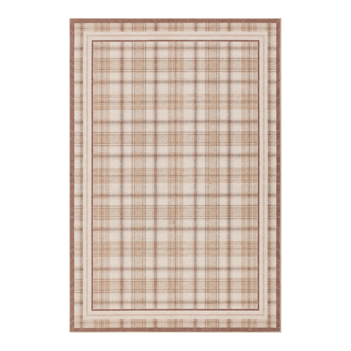 Plaid patterned rug with a beige border on a white background