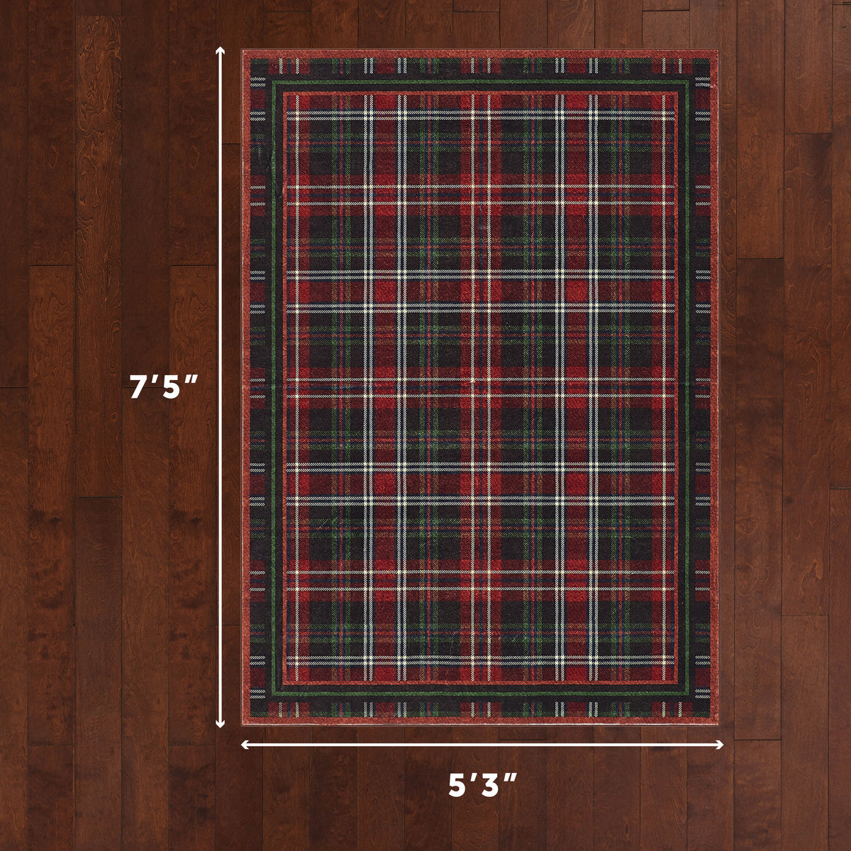 Plaid rug with dimensions on a wooden floor
