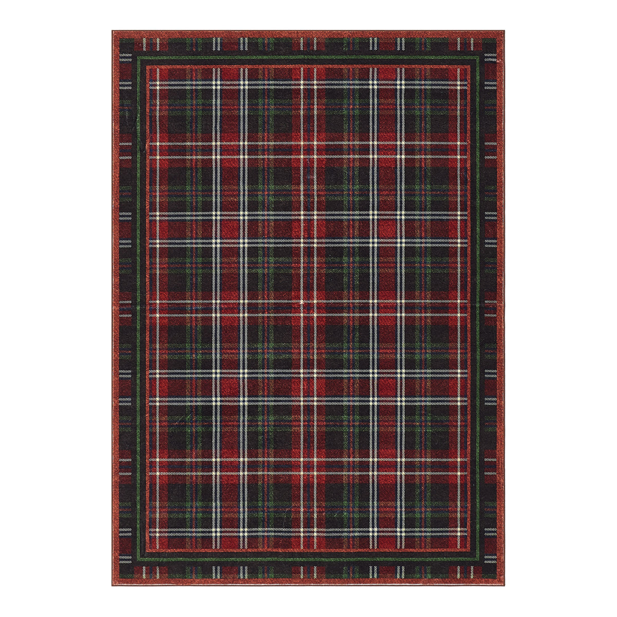 Plaid patterned rug with red, black, and white colors on a white background