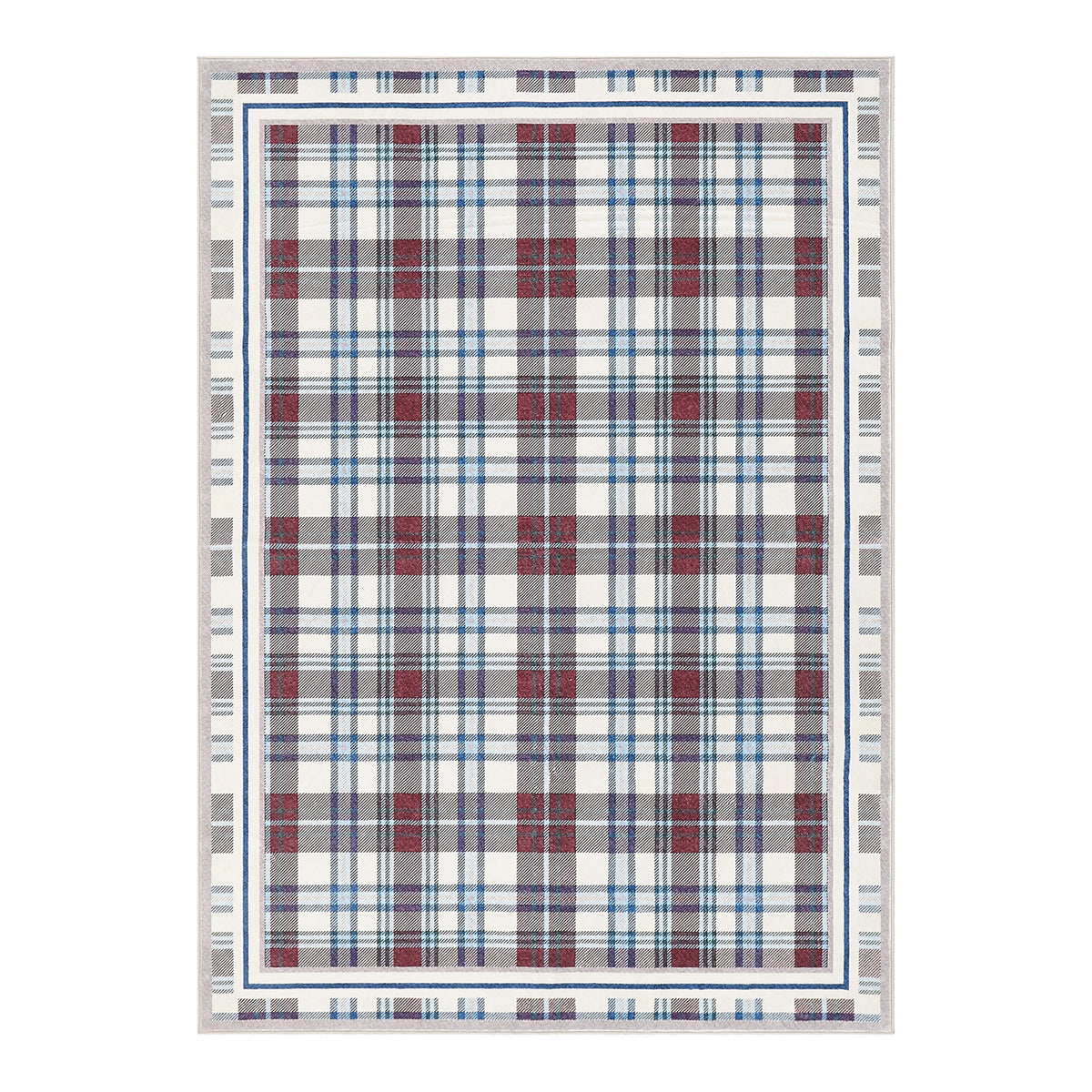Plaid patterned rug with red, blue, and gray colors on a white background