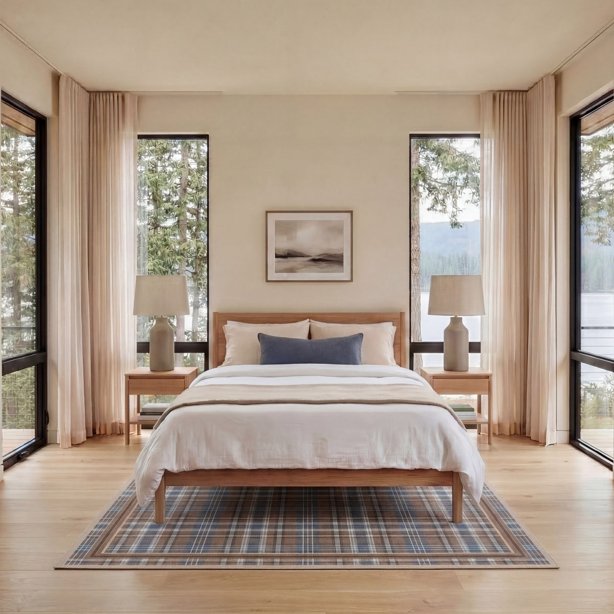 Modern bedroom with wooden bed, striped bedding, and large windows.