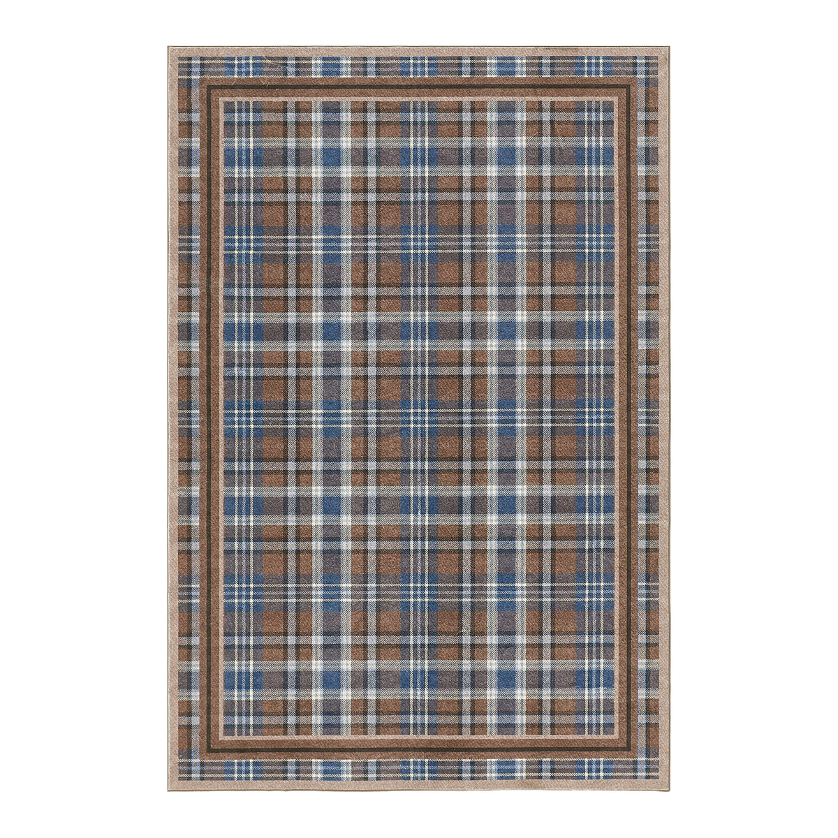 Plaid patterned rug with brown and blue colors on a white background
