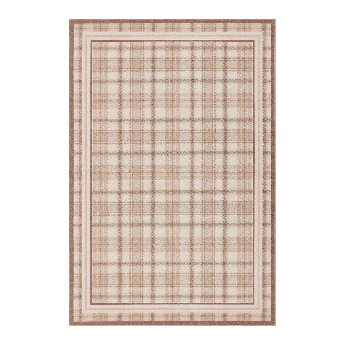 Plaid patterned rug with a beige and brown color scheme on a white background