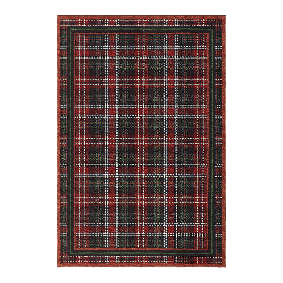 Plaid patterned rug with red, black, and white colors on a white background