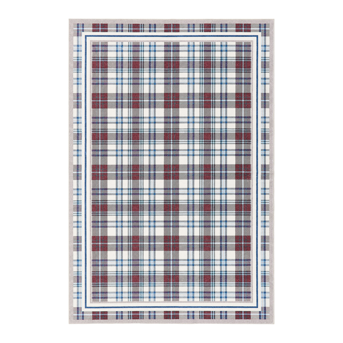 Plaid patterned rug with red, blue, and white colors on a white background