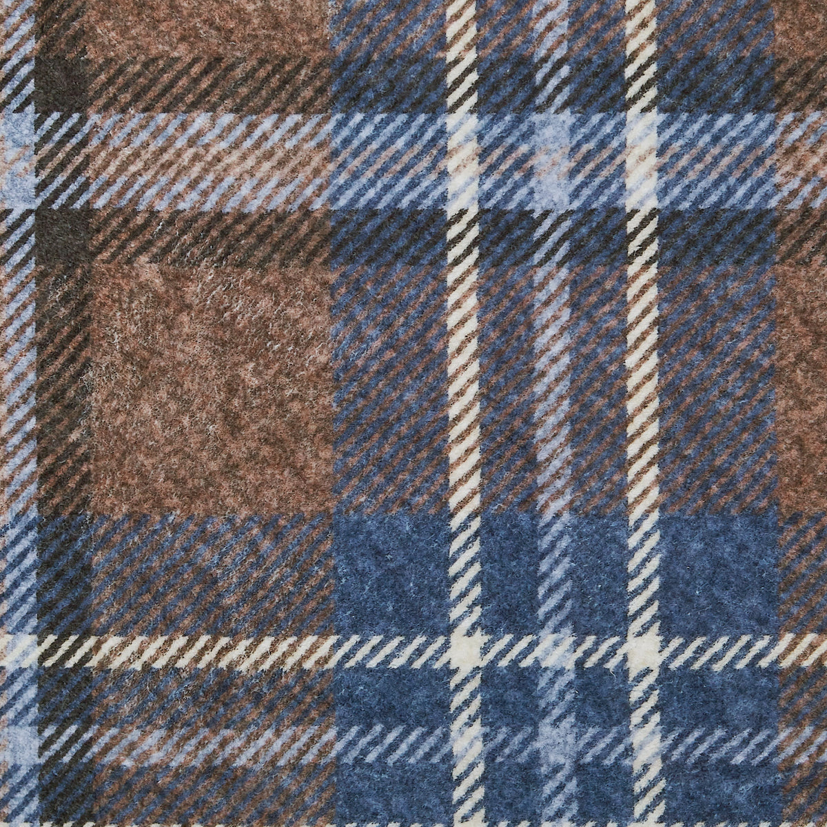 Close-up of a plaid fabric with brown, blue, and beige colors.