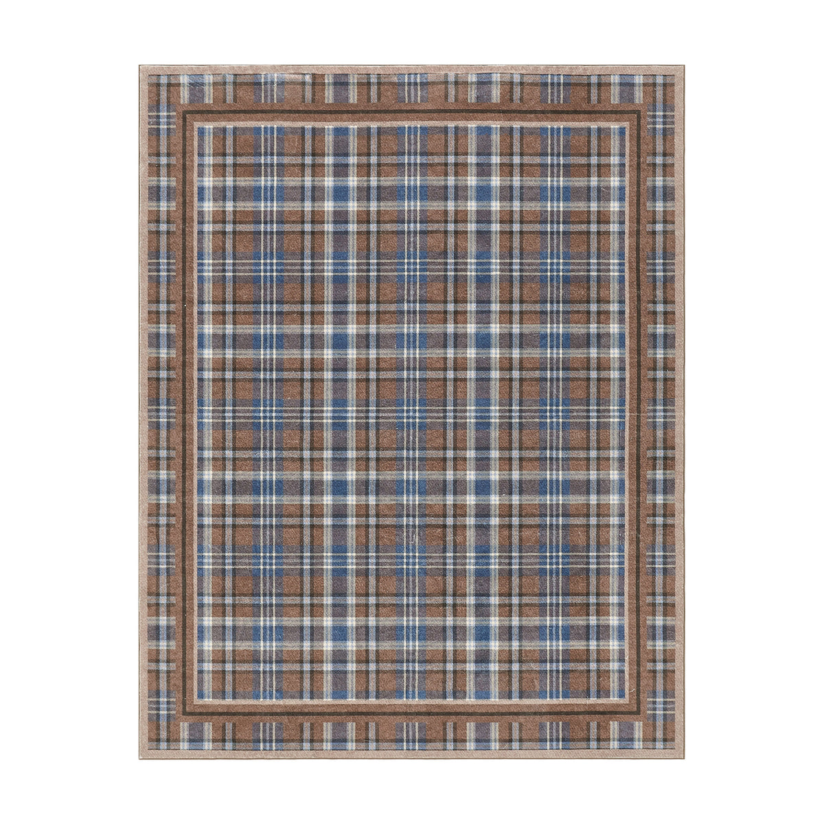 Plaid patterned rug with brown and blue colors on a white background