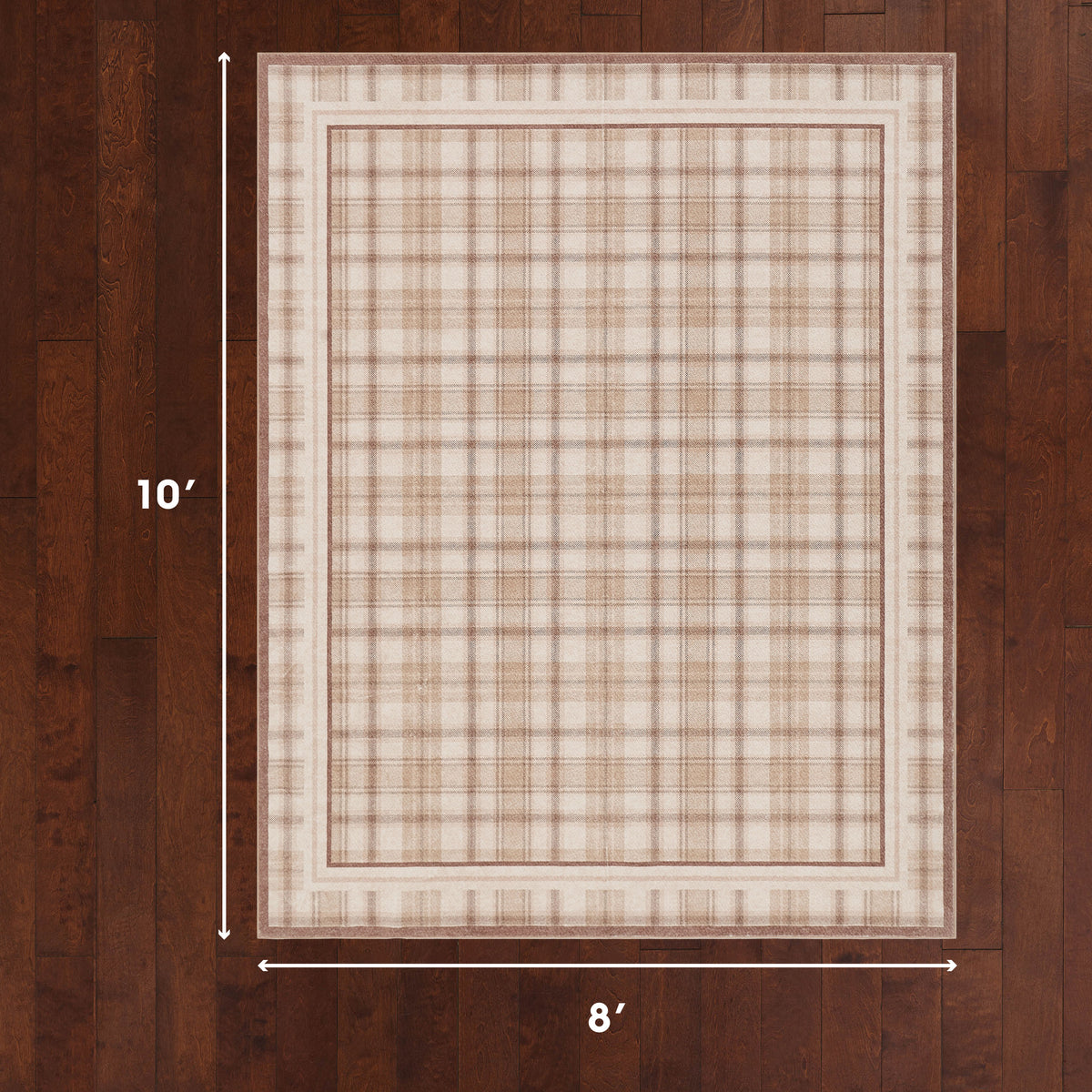 Rug with plaid pattern on a wooden floor, showing dimensions.
