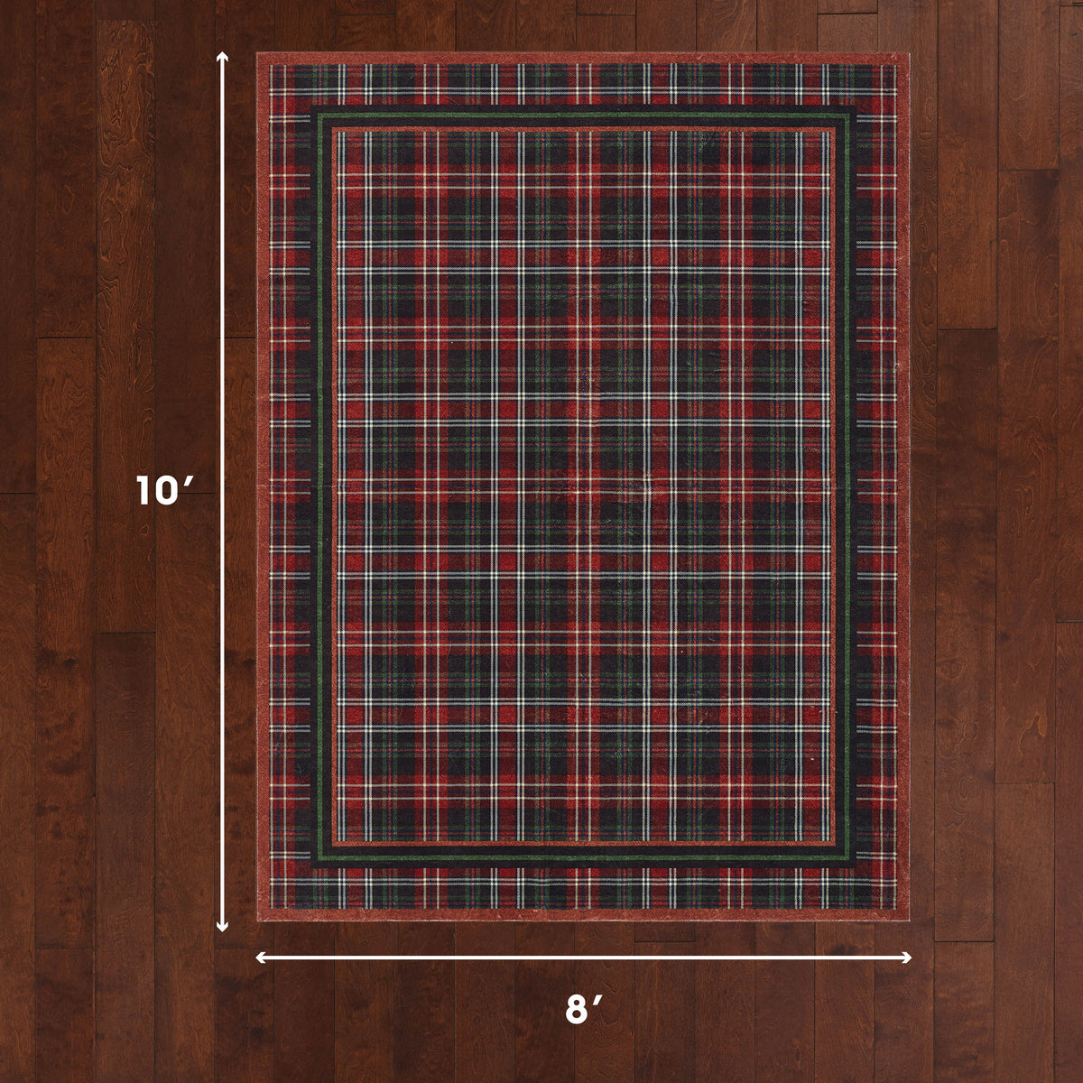 Plaid rug on a wooden floor with dimensions indicated