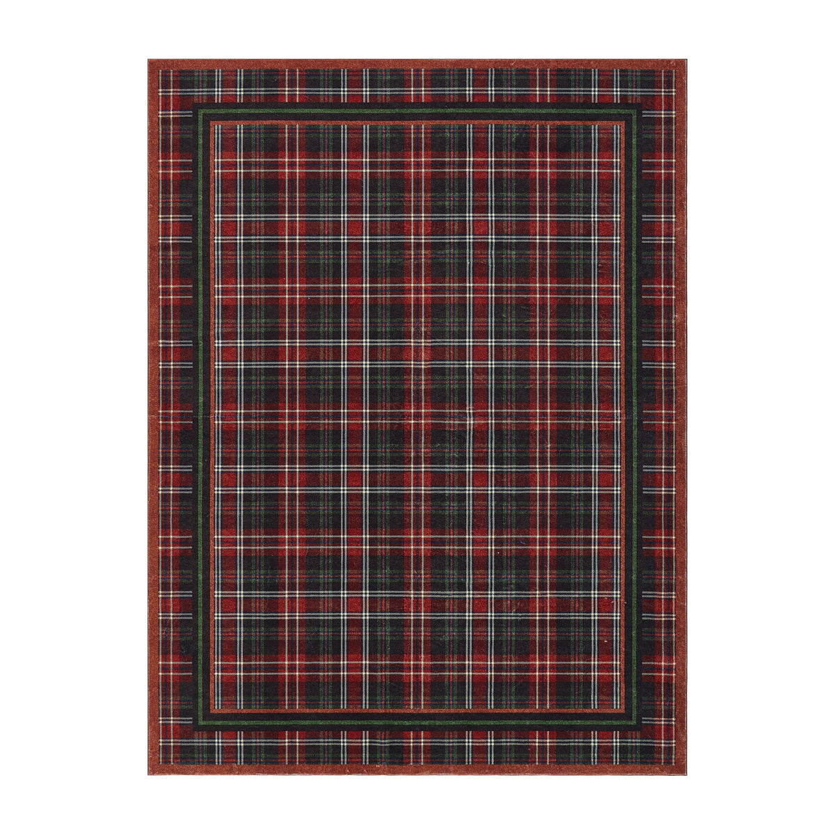 Plaid patterned rug with red and black colors on a white background