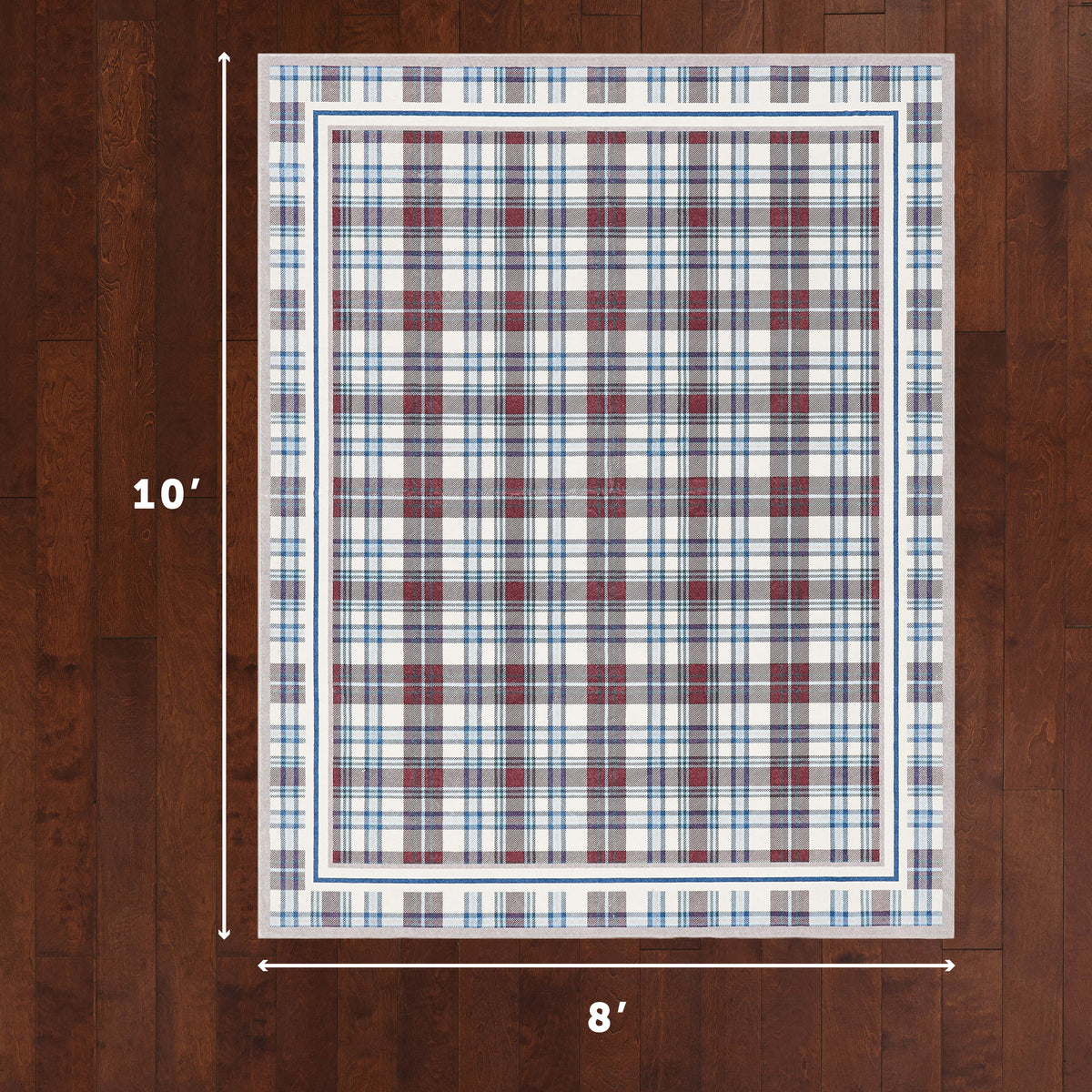 Plaid patterned rug on a wooden floor with dimensions indicated.