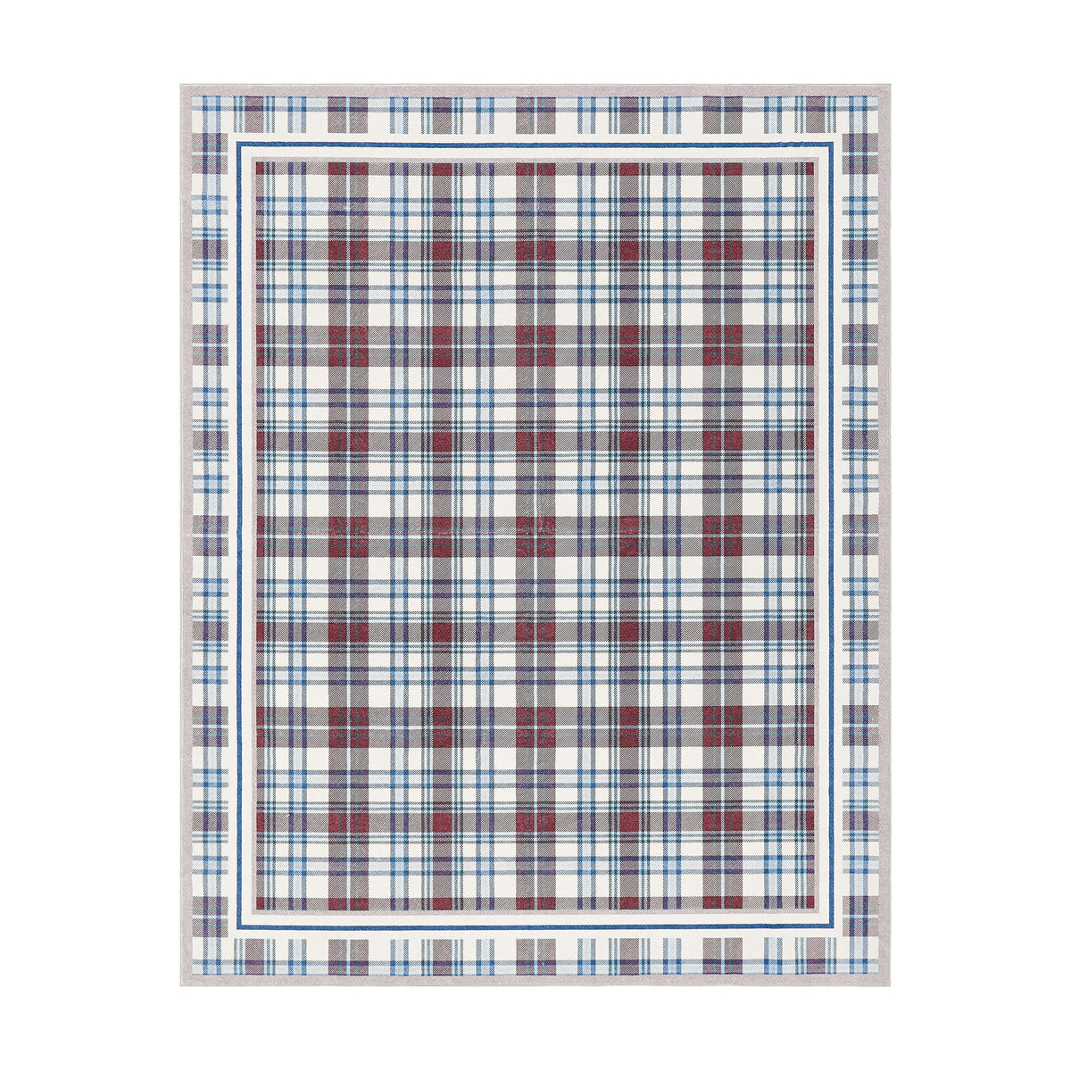 Plaid patterned rug with red, blue, and white colors on a white background