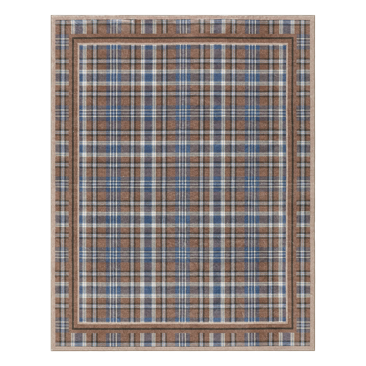 Plaid patterned rug with a border on a white background