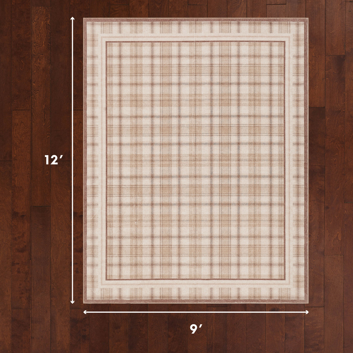 Rug with plaid pattern on a wooden floor, showing dimensions.