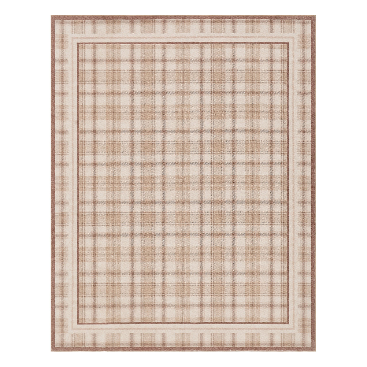Plaid patterned rug with a beige and brown color scheme on a white background