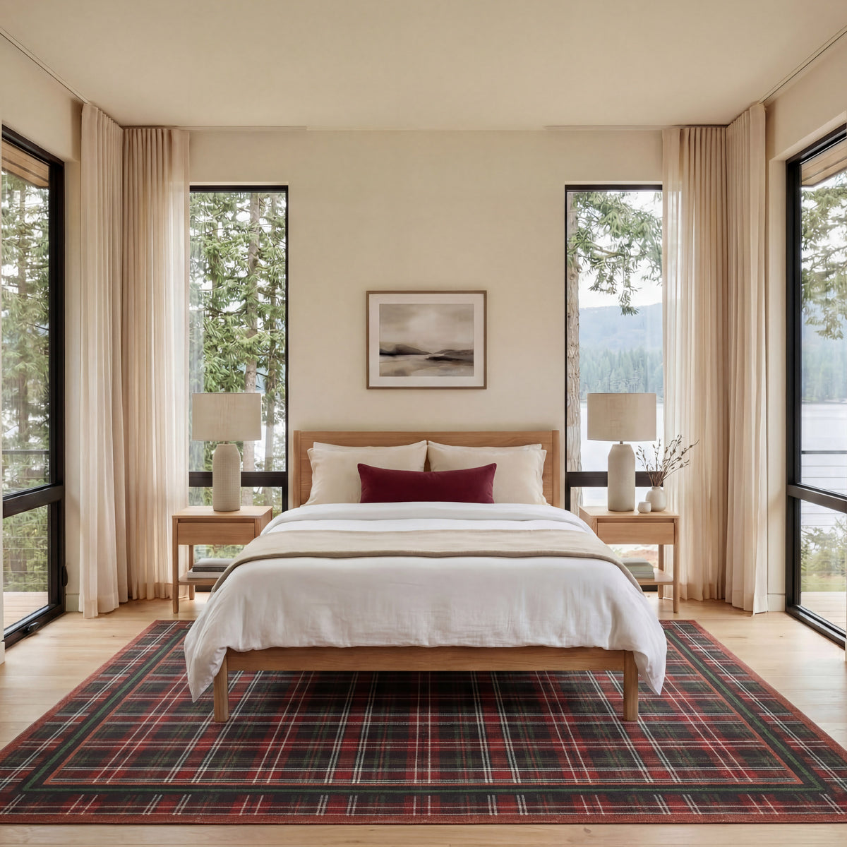 Modern bedroom with wooden bed, plaid rug, and large windows with curtains.