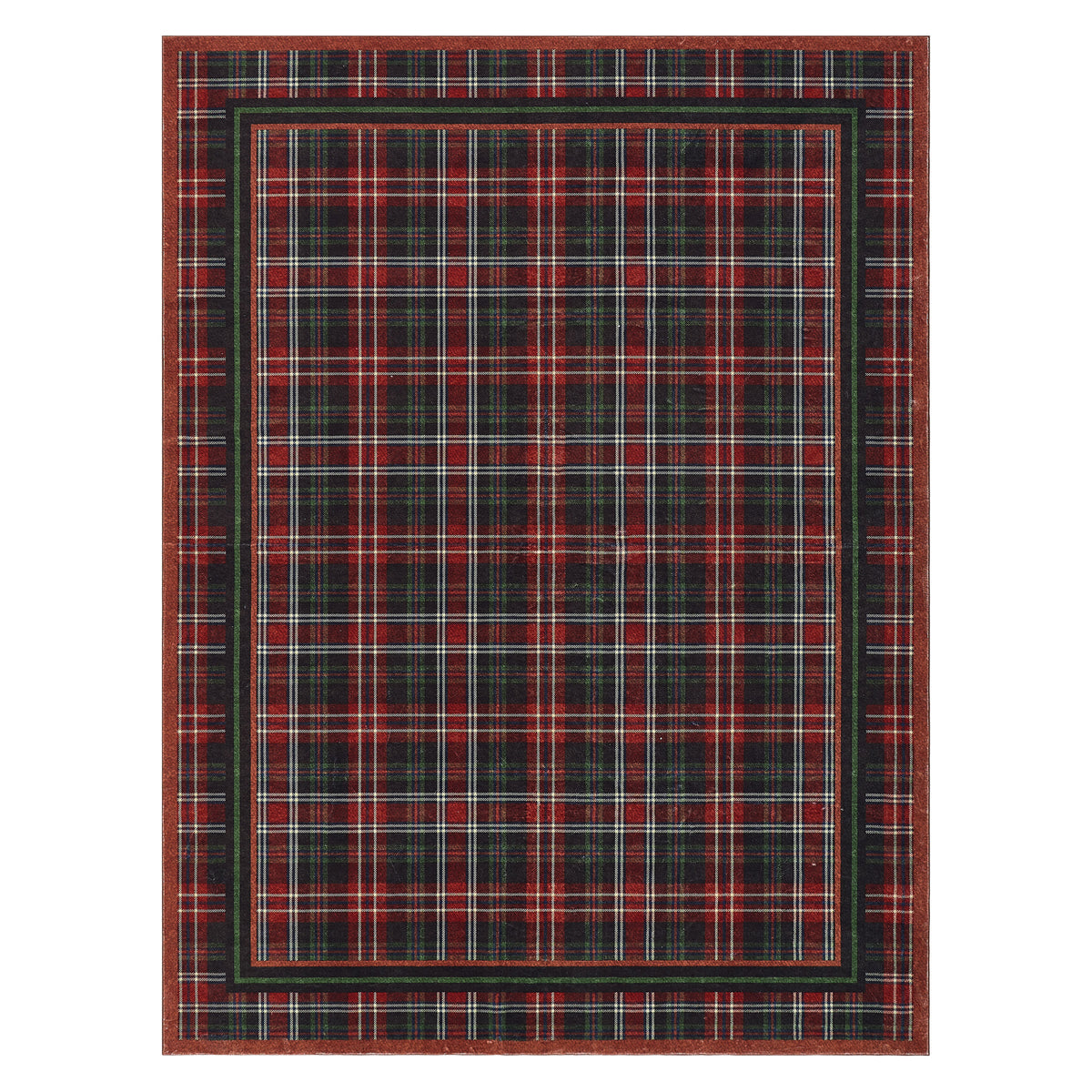Plaid patterned rug with red and black colors on a white background