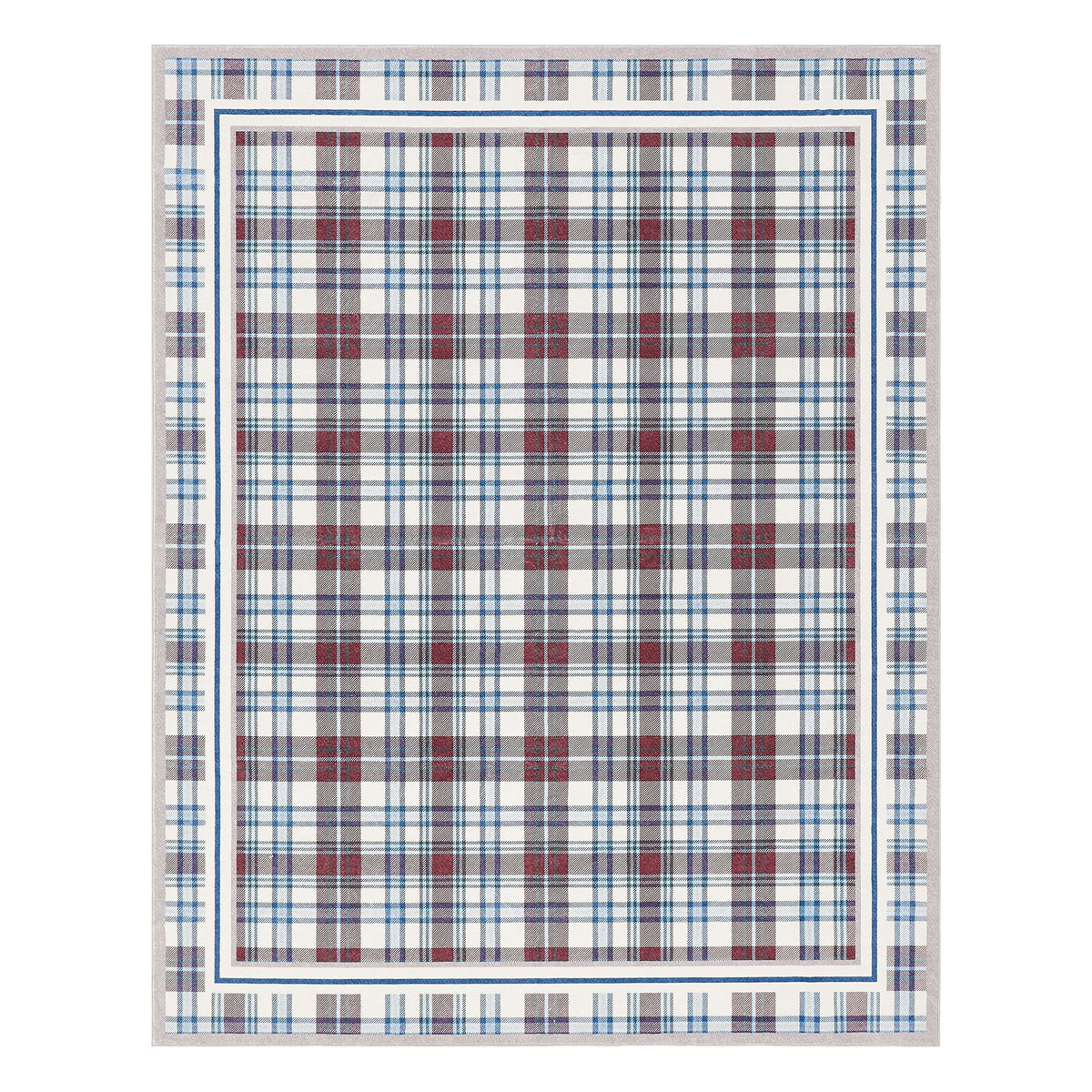 Plaid patterned rug with red, blue, and white colors on a white background