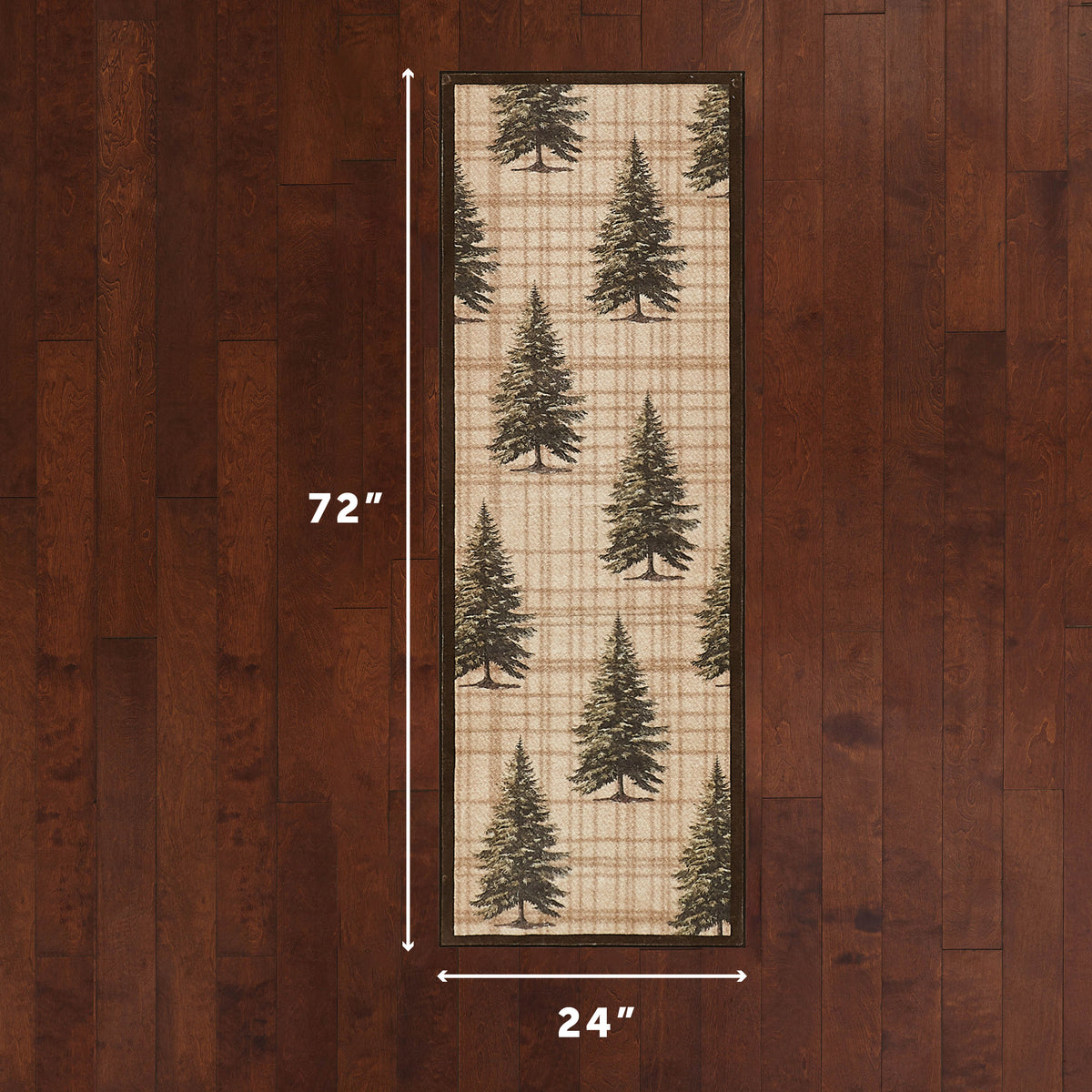 Vertical runner with scattered evergreen trees on cream plaid background, 24" x 72".