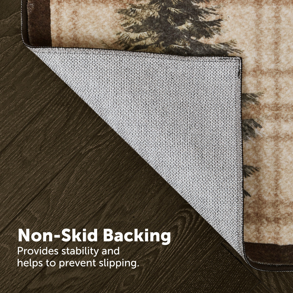 Rug corner showing white non-skid backing material underneath beige and brown patterned rug surface.