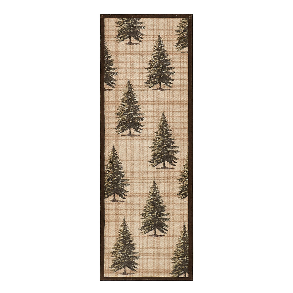 Tall narrow rug with brown pine tree silhouettes scattered on cream plaid background and dark border.