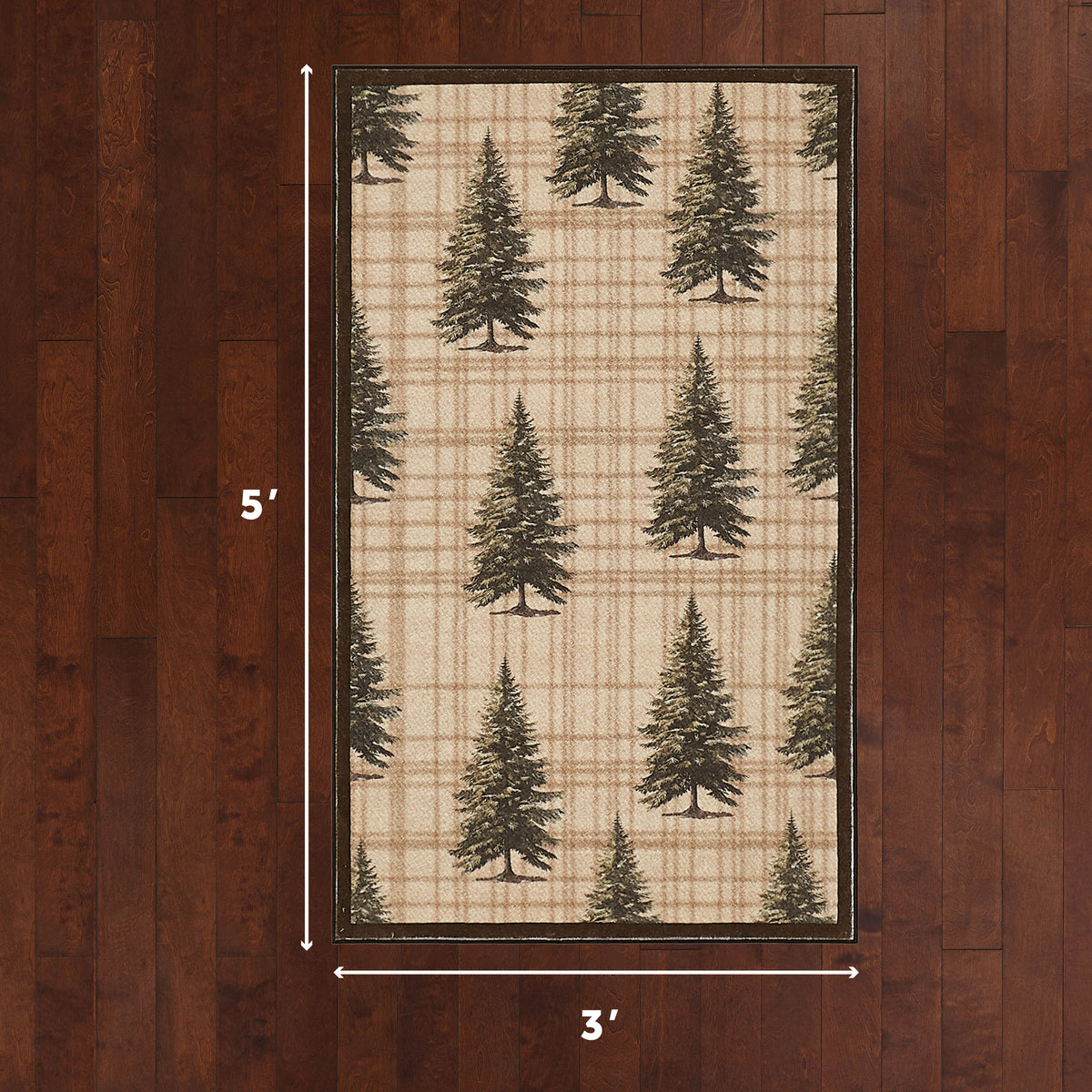 Beige and brown area rug with pine tree pattern and dark border, 3' x 5'.