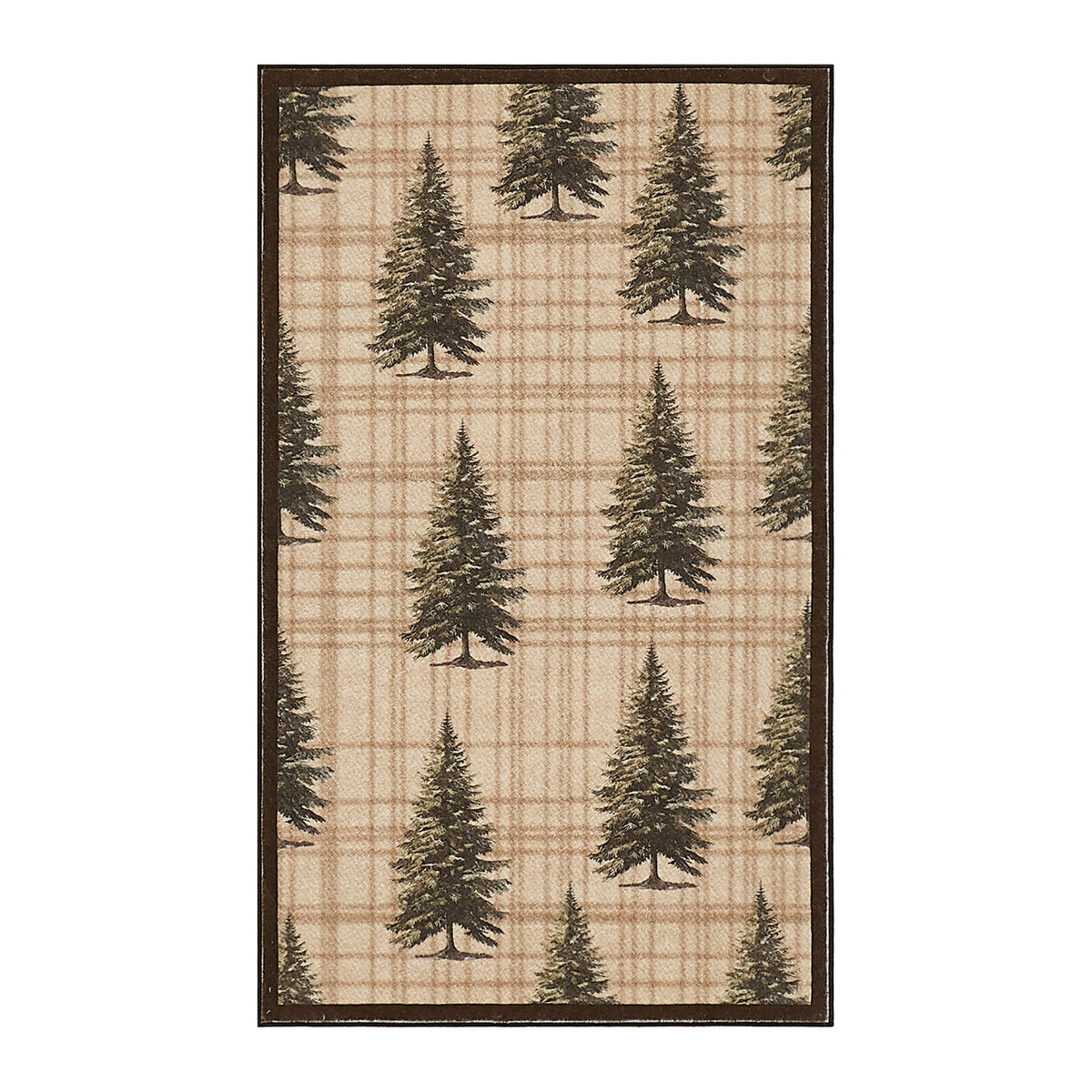 Rectangular rug with scattered dark green pine tree silhouettes on tan checkered background and dark brown border.