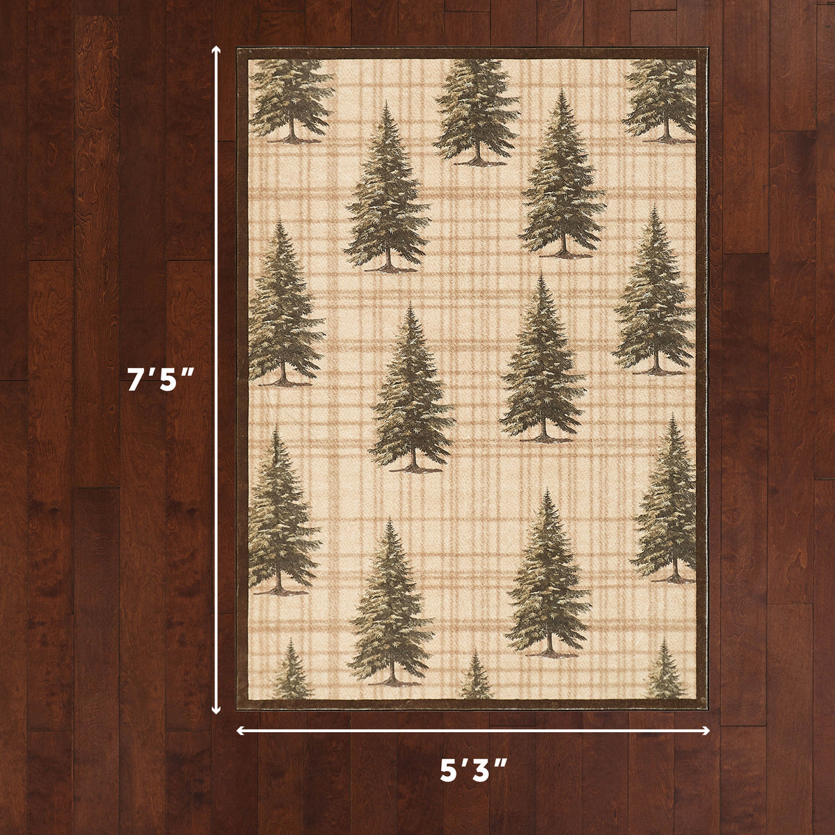 Cream and tan plaid rug with scattered green pine tree pattern, 5'3" x 7'5".