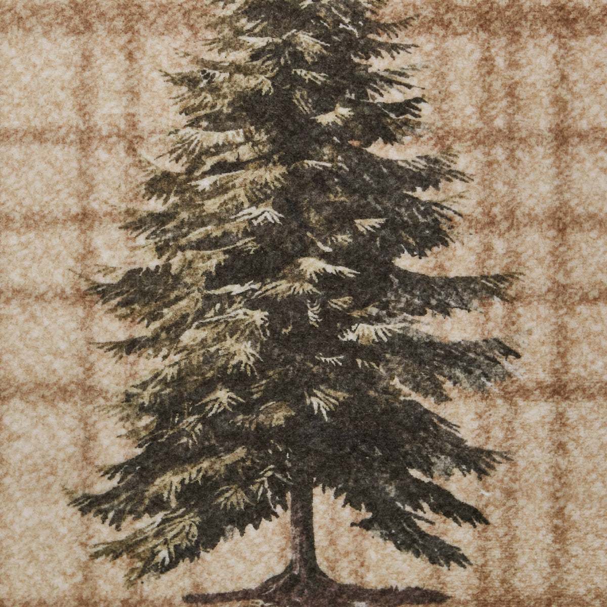 Dark evergreen tree with layered branches on textured beige and brown background.