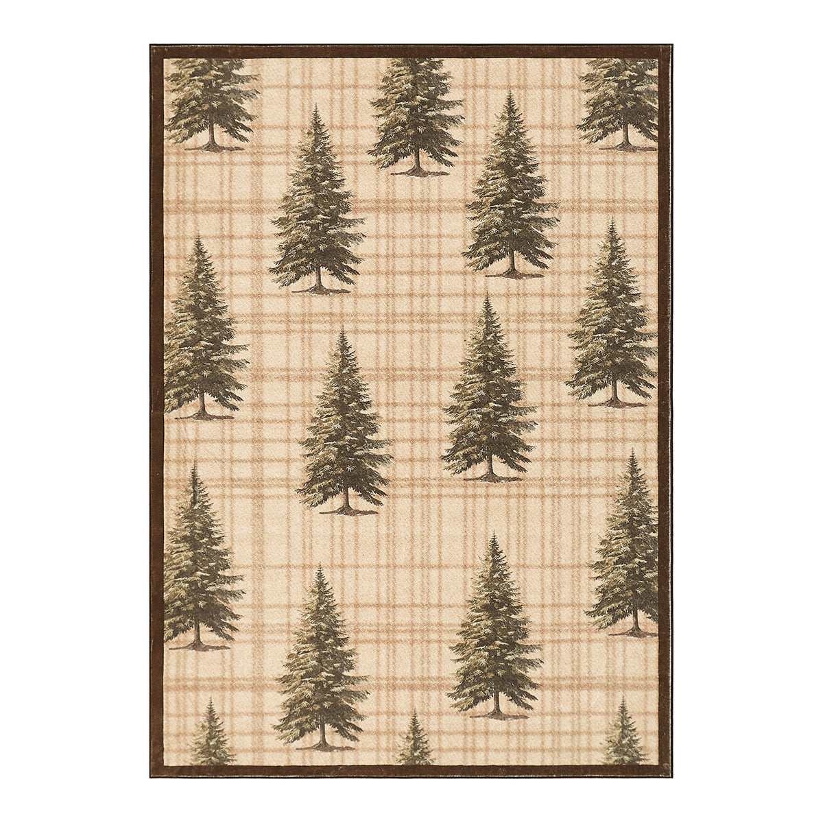Rectangular rug with tan plaid background and scattered green pine tree pattern, brown border.